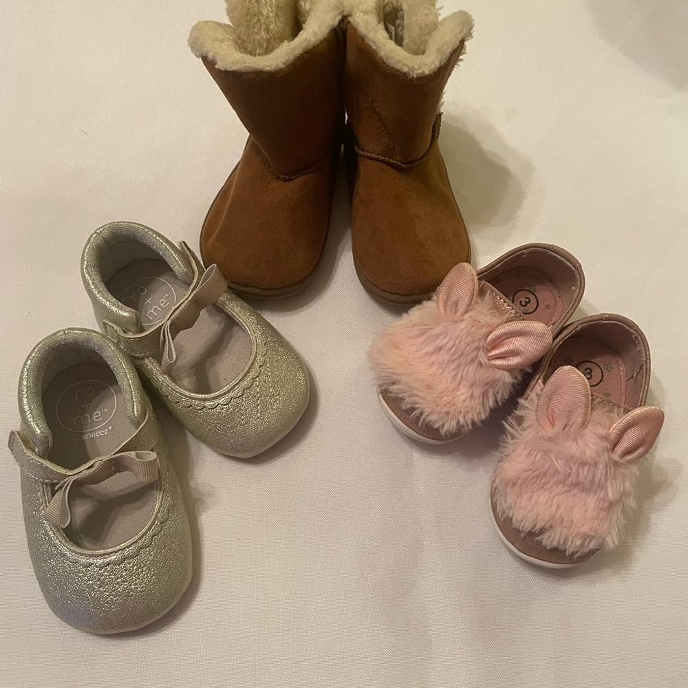 Set of Kids Brown Boots, Pink‎ Bunny Shoes, & Silver Slippers, Size 3